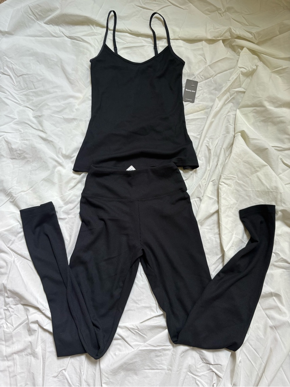 Tommy John Waffle Thermal Set Cami Tank & High-Waist Leggings Black NWT XS